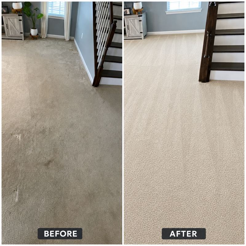 Before and after of high-traffic carpet cleaning near stairs