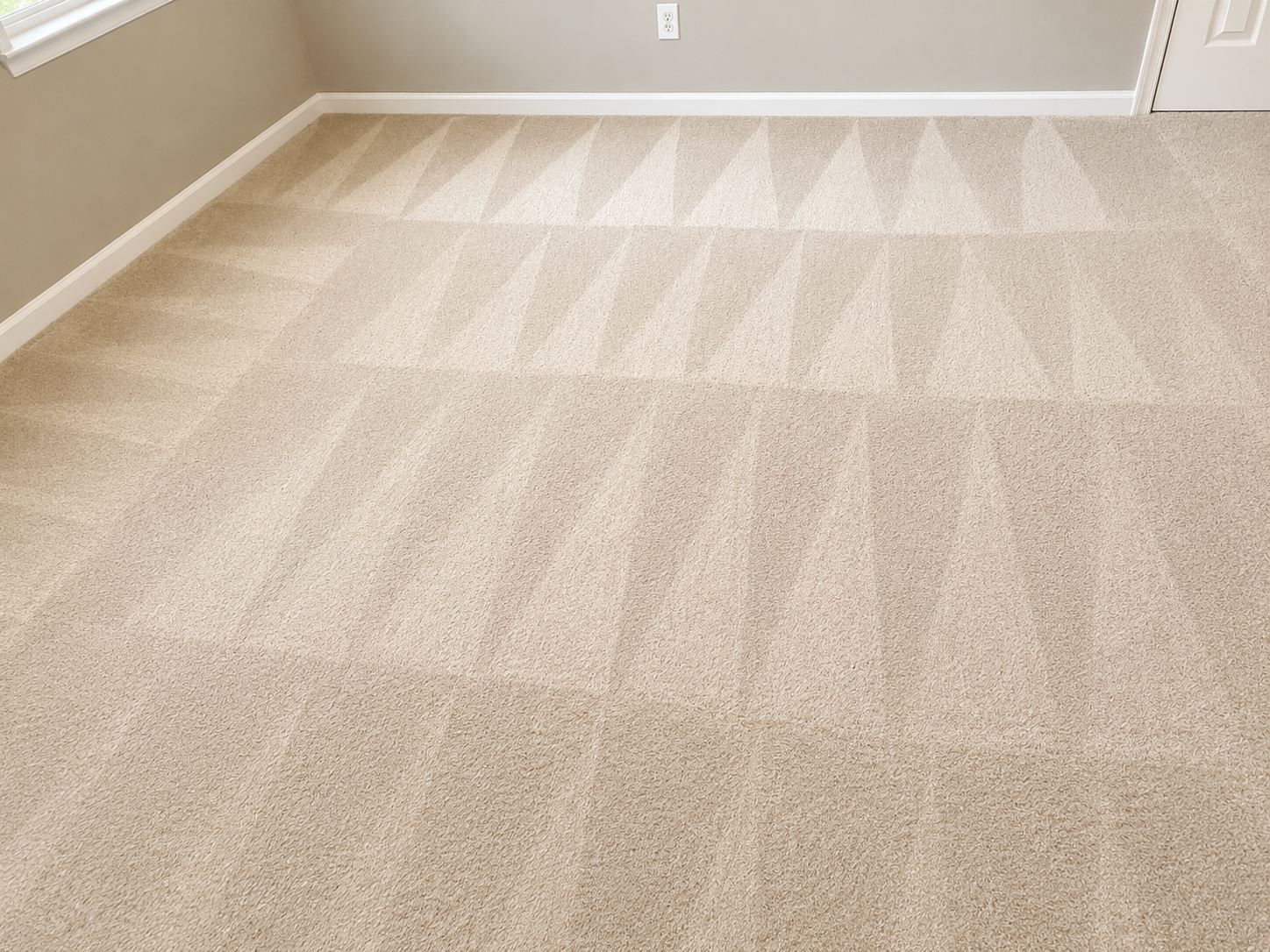 Steam carpet cleaning results showing clean wand strokes across a bedroom floor